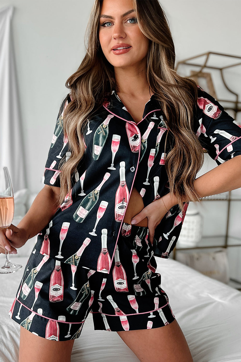 Black Champagne Print Silky Pajama Set – Short Sleeve for Valentine’s