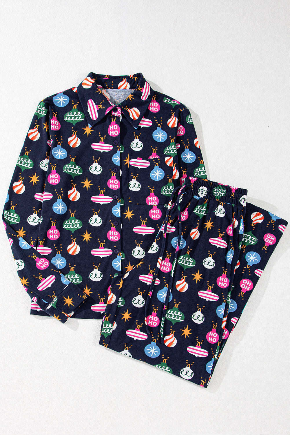 Navy Blue Colorful Lights Print Shirt and Pants Pajama Set