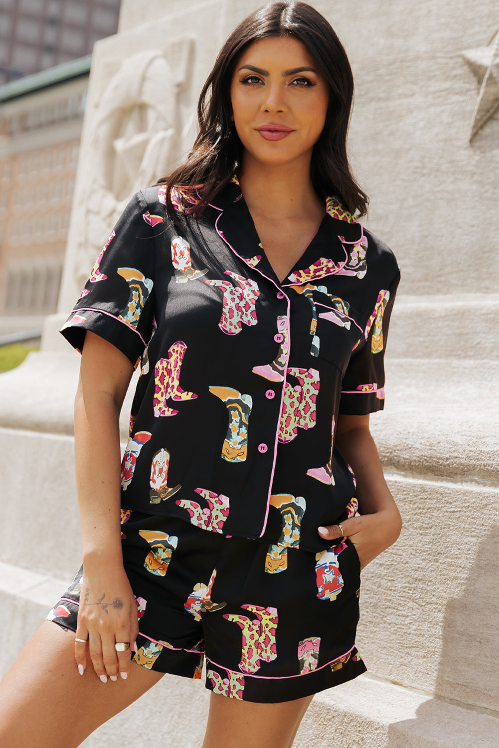 Black Western Boots Print Valentine’s Pajama Set – Short Shirt & Shorts