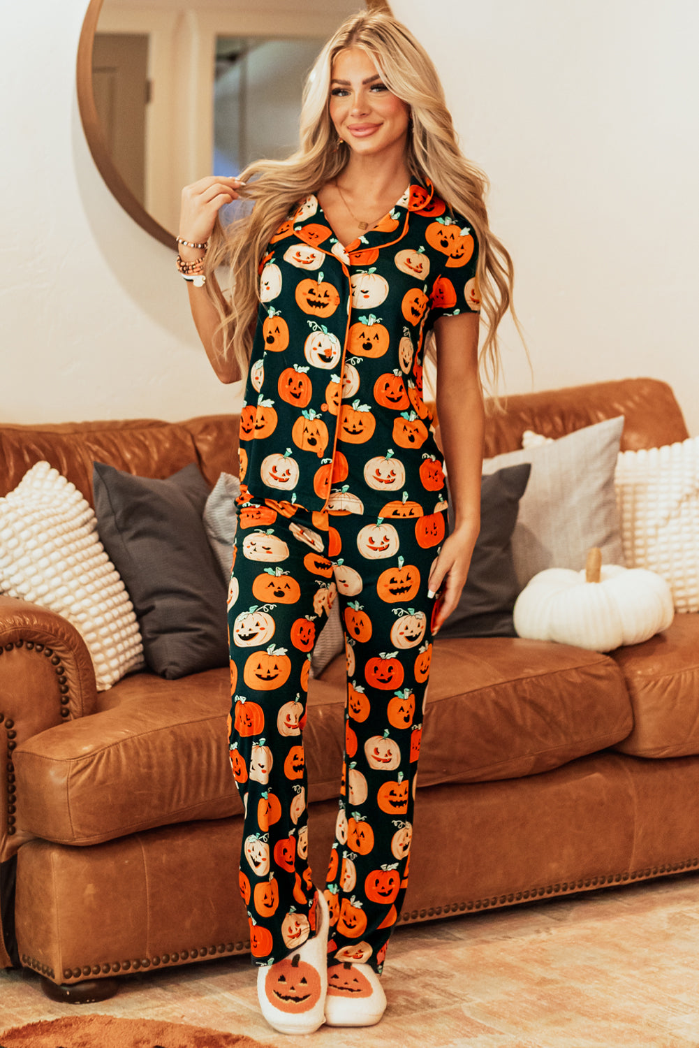 Orange Pattern Short Sleeve Shirt Pajama Set