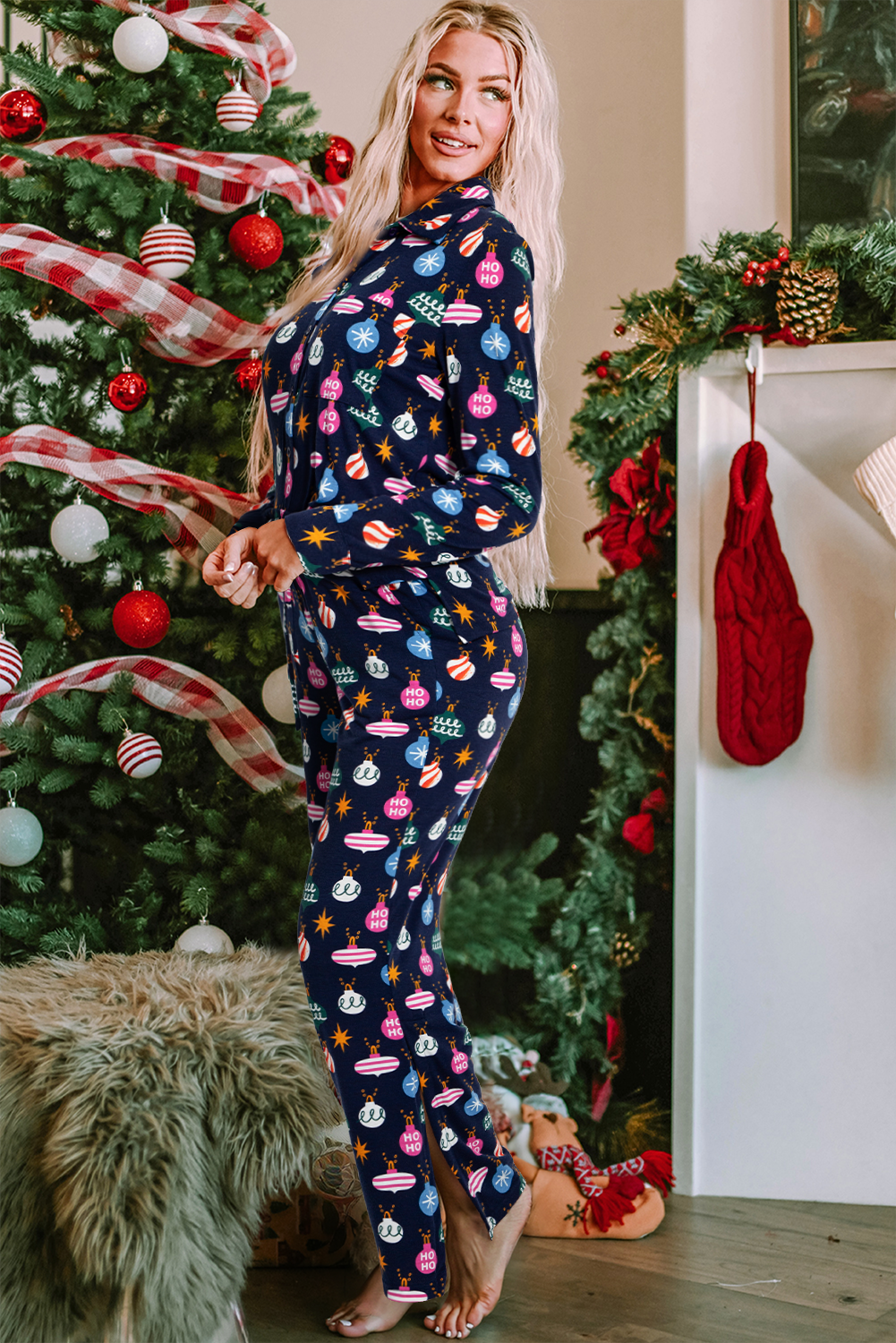 Navy Blue Colorful Lights Print Shirt and Pants Pajama Set