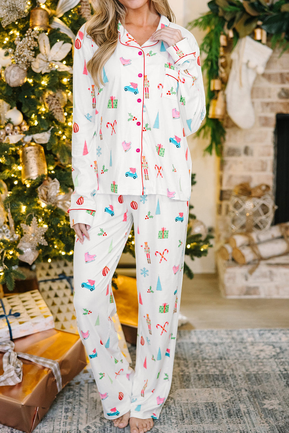 White Print Lapel Shirt and Pants Sleepwear