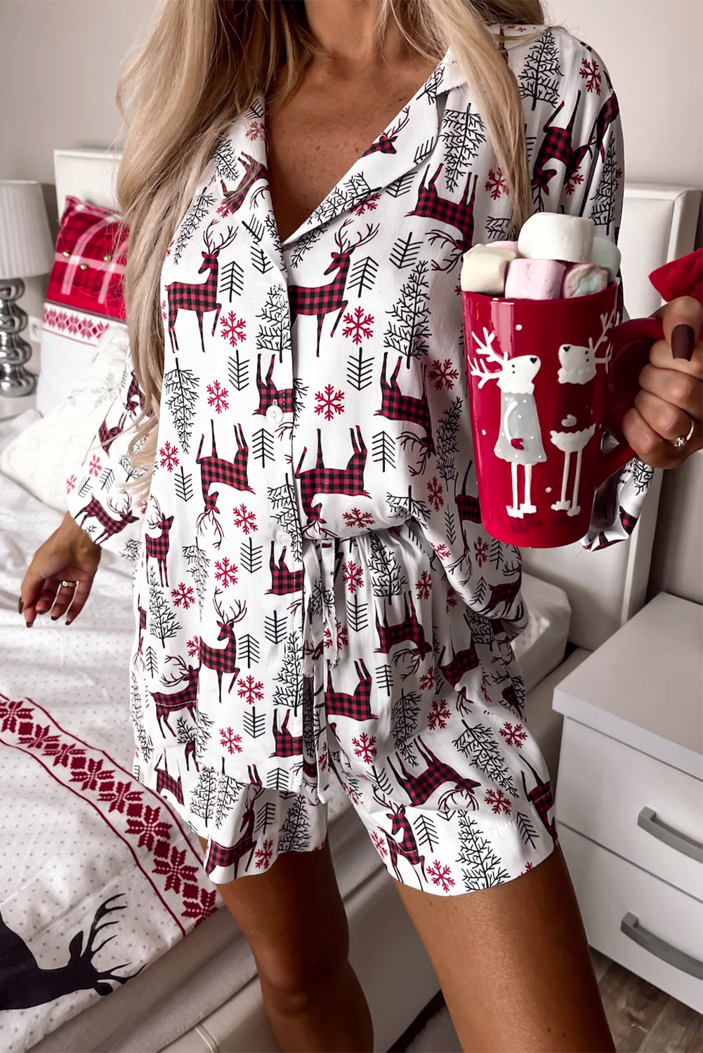 White Deer Printed Shirt and Shorts Lounge Set