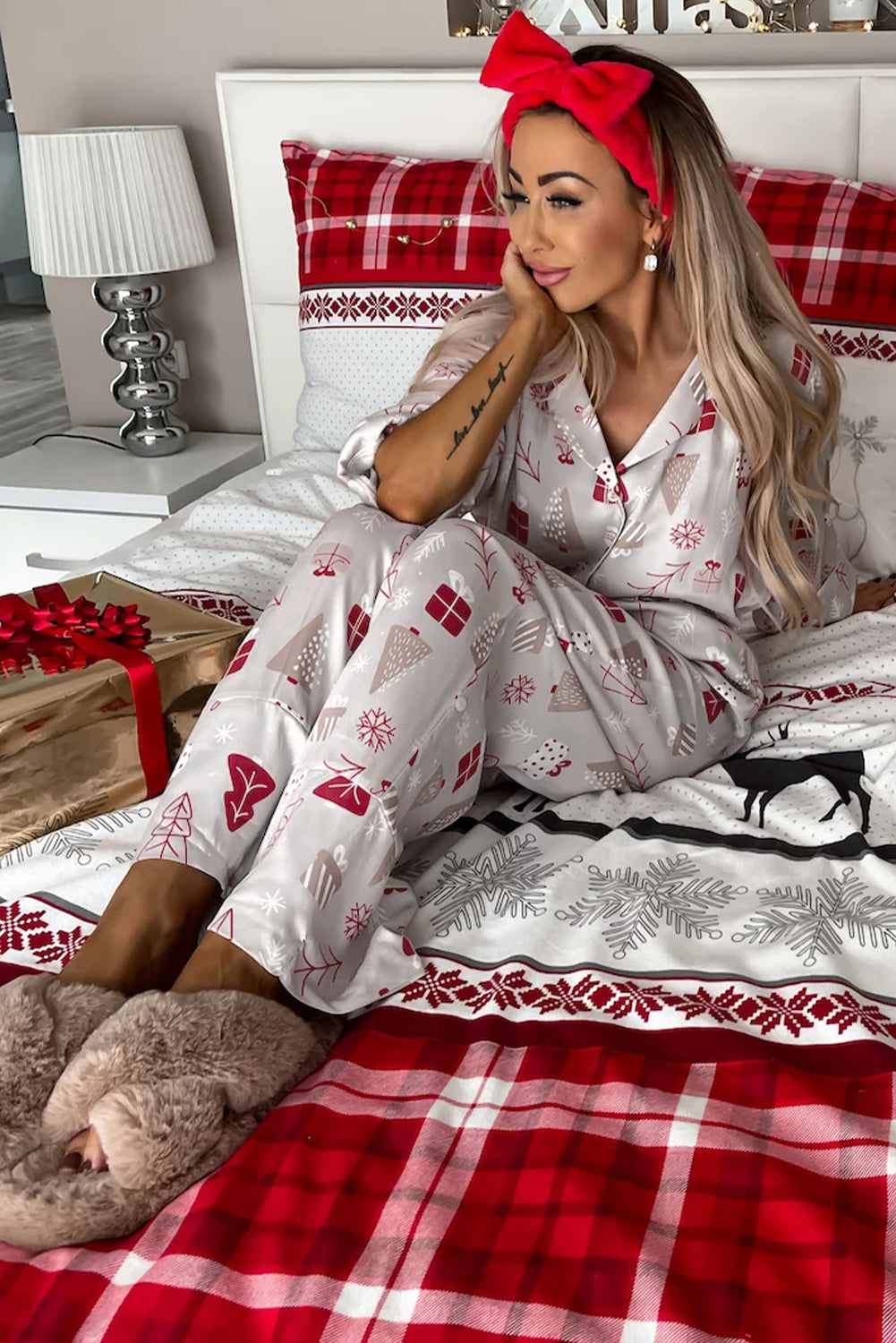Light Grey Printed Shirt and Pants Pajama Set