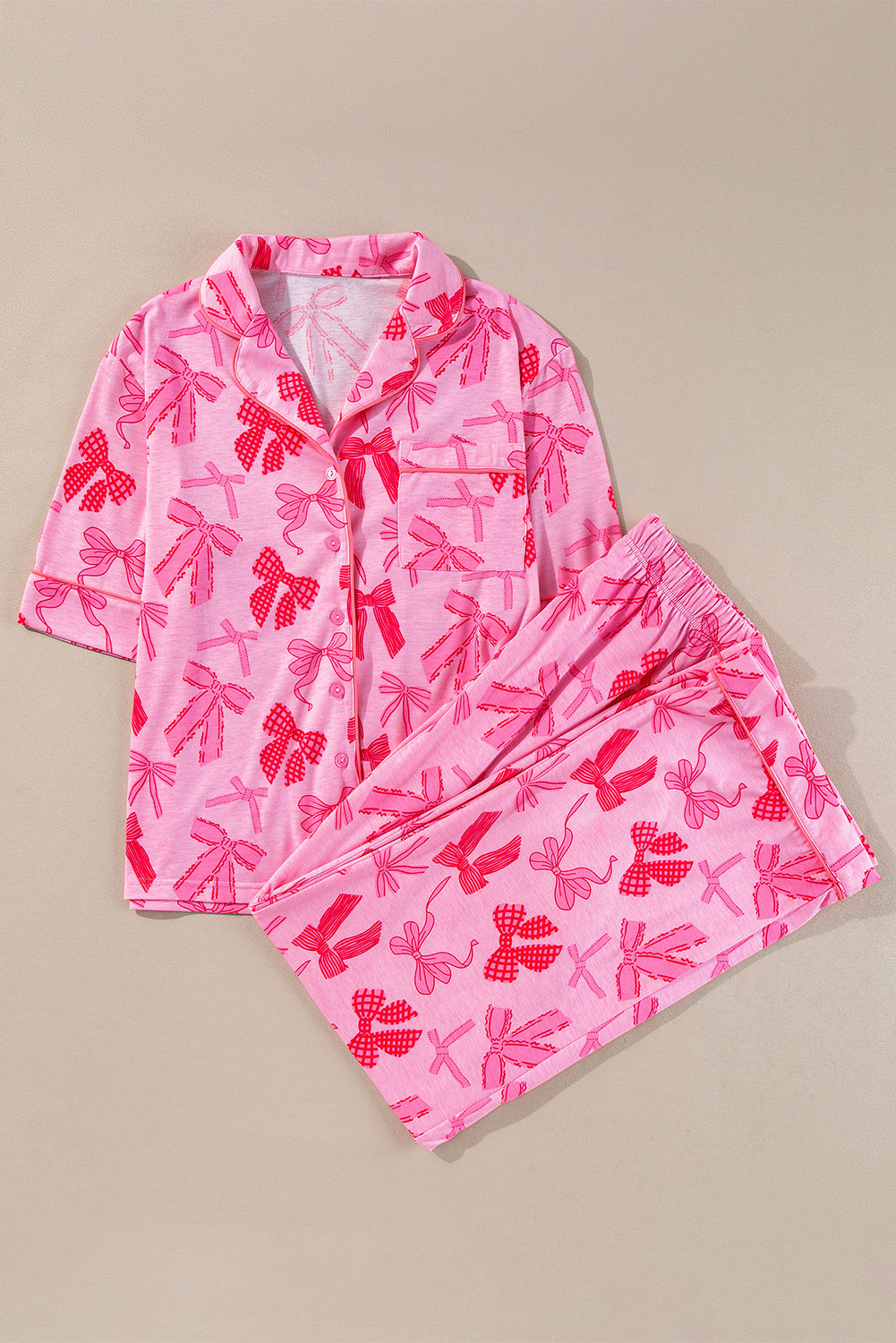 Pink Bow Knot Print Pajama Set – Lapel Collar, Short Sleeve & Pants for Valentine’s