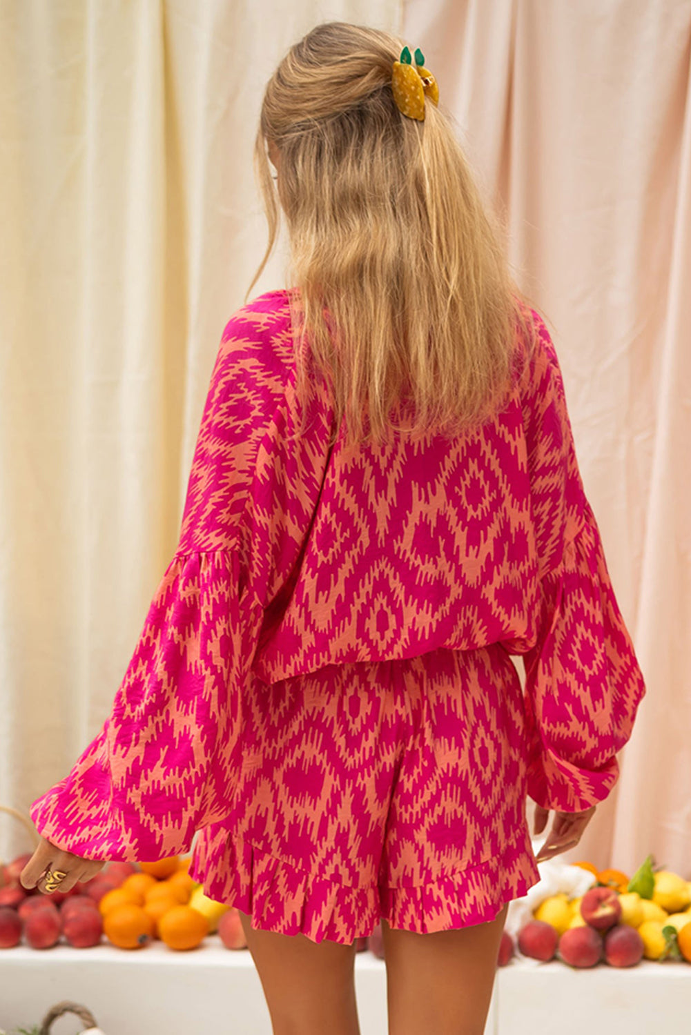 Valentine’s Rose Aztec Print Top & Ruffled Shorts Set – Stylish & Comfy