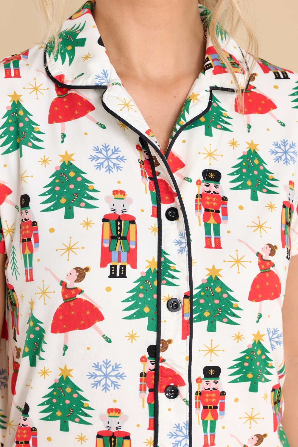 White Printed Pattern Buttoned Two Piece Sleepwear