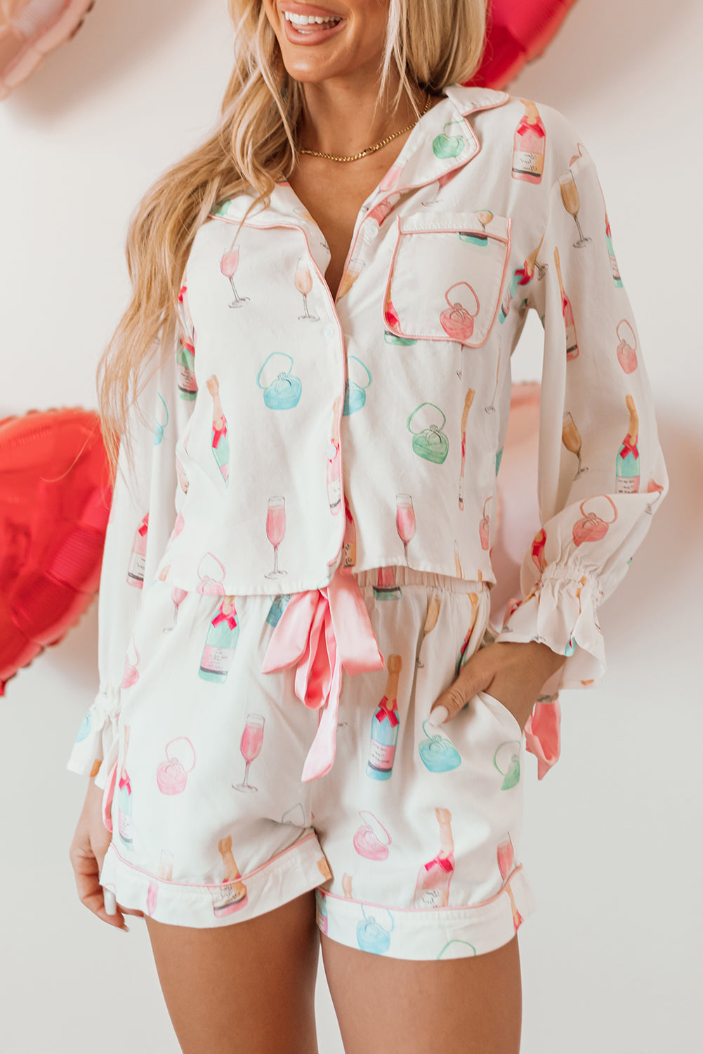 White Wine Glass Print Bow Knot Two Piece Pajama Set