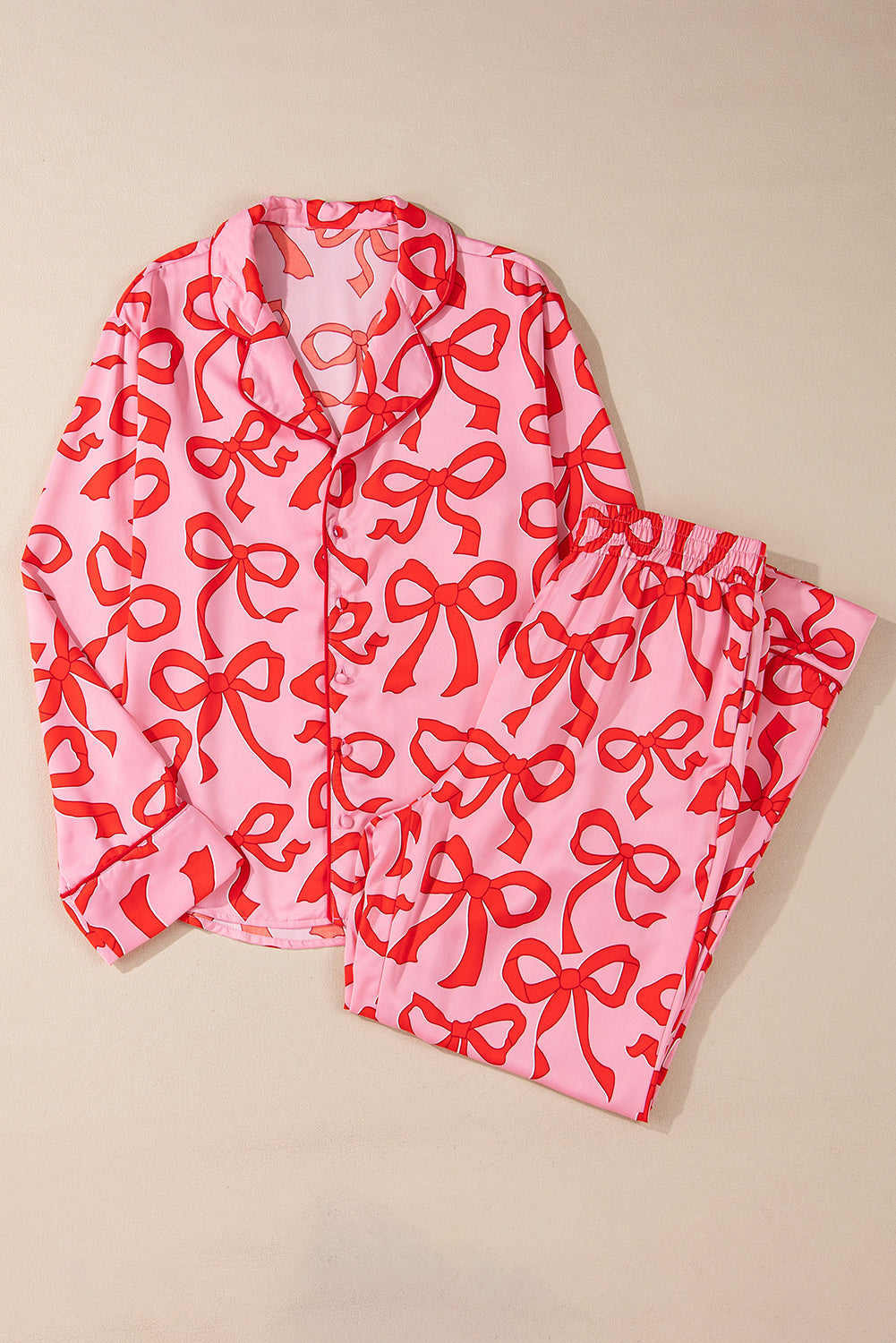 Pink 2pcs Bow Print Pajama Set – Shirt Style, Long Sleeve for Valentine’s