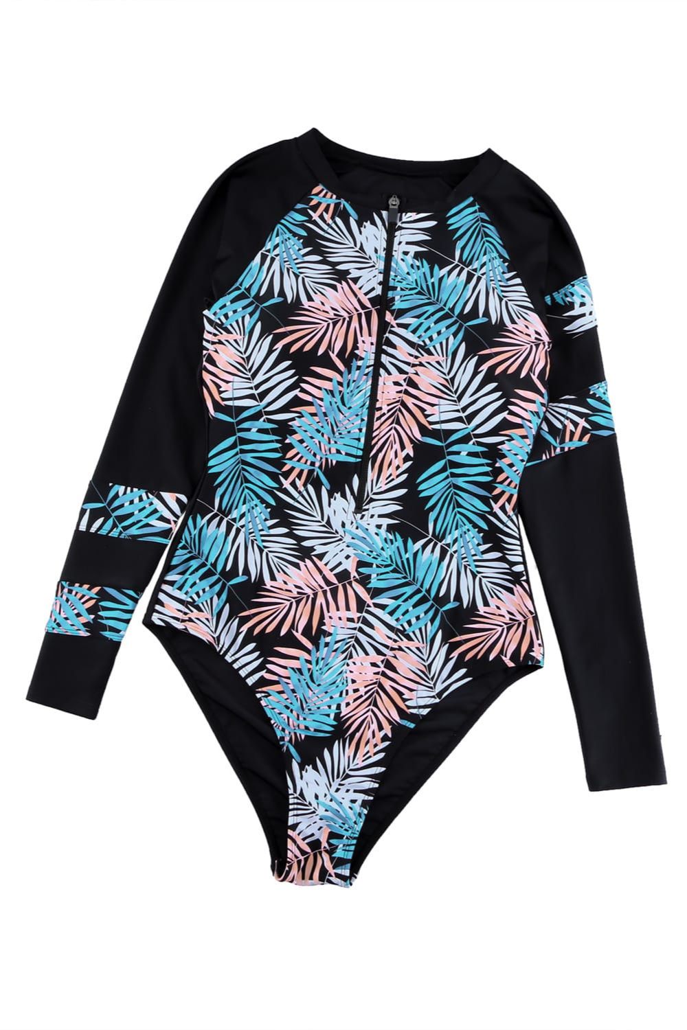 Leaves Print Long Sleeve Swimwear | Zip-Up One Piece