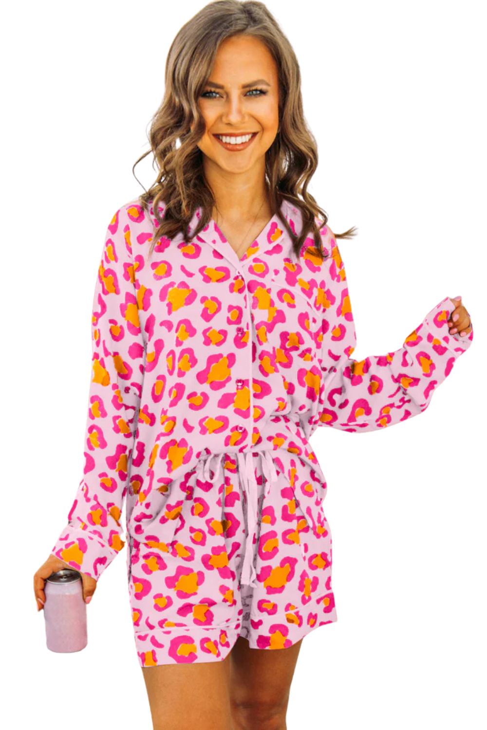 Pink Valentine’s Leopard Print Pajama Set – Long Sleeve Shirt & Shorts