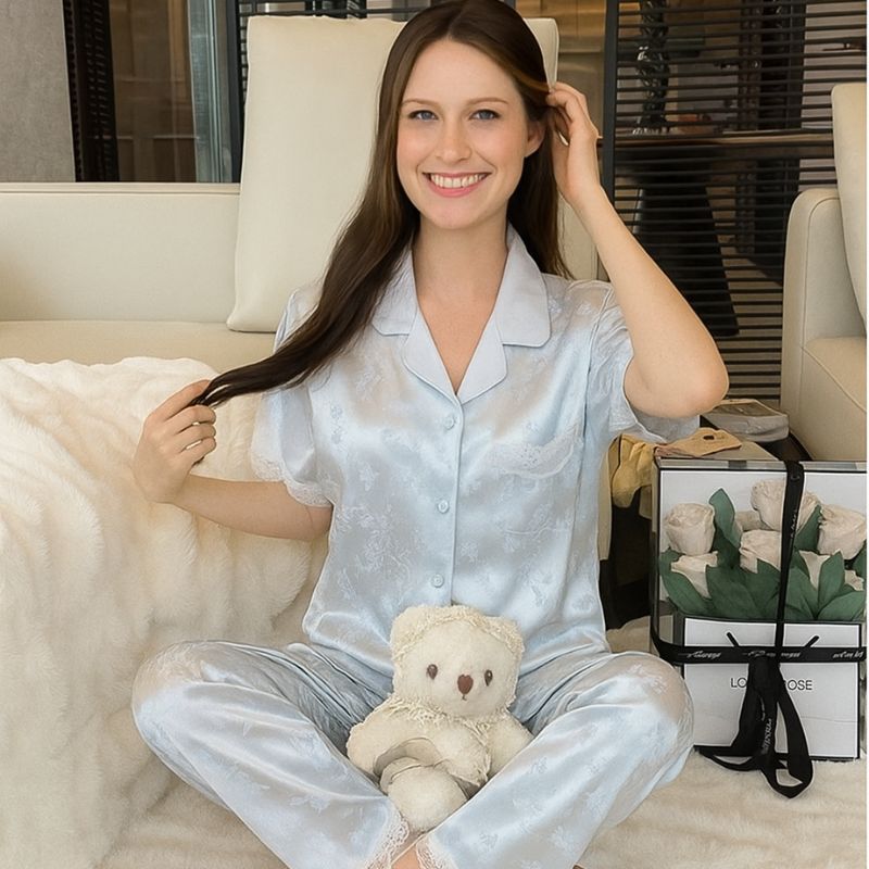 Sybil Women’s Ice Silk Pajamas – Bamboo Short Sleeve Top & Long Pants