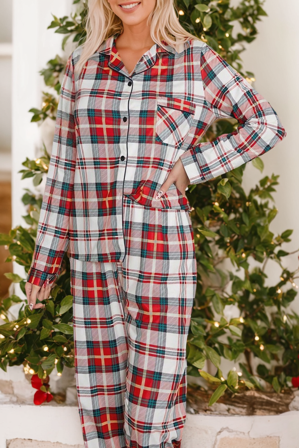 Red Plaid Print Two Piece Long Sleeve Pajamas Set