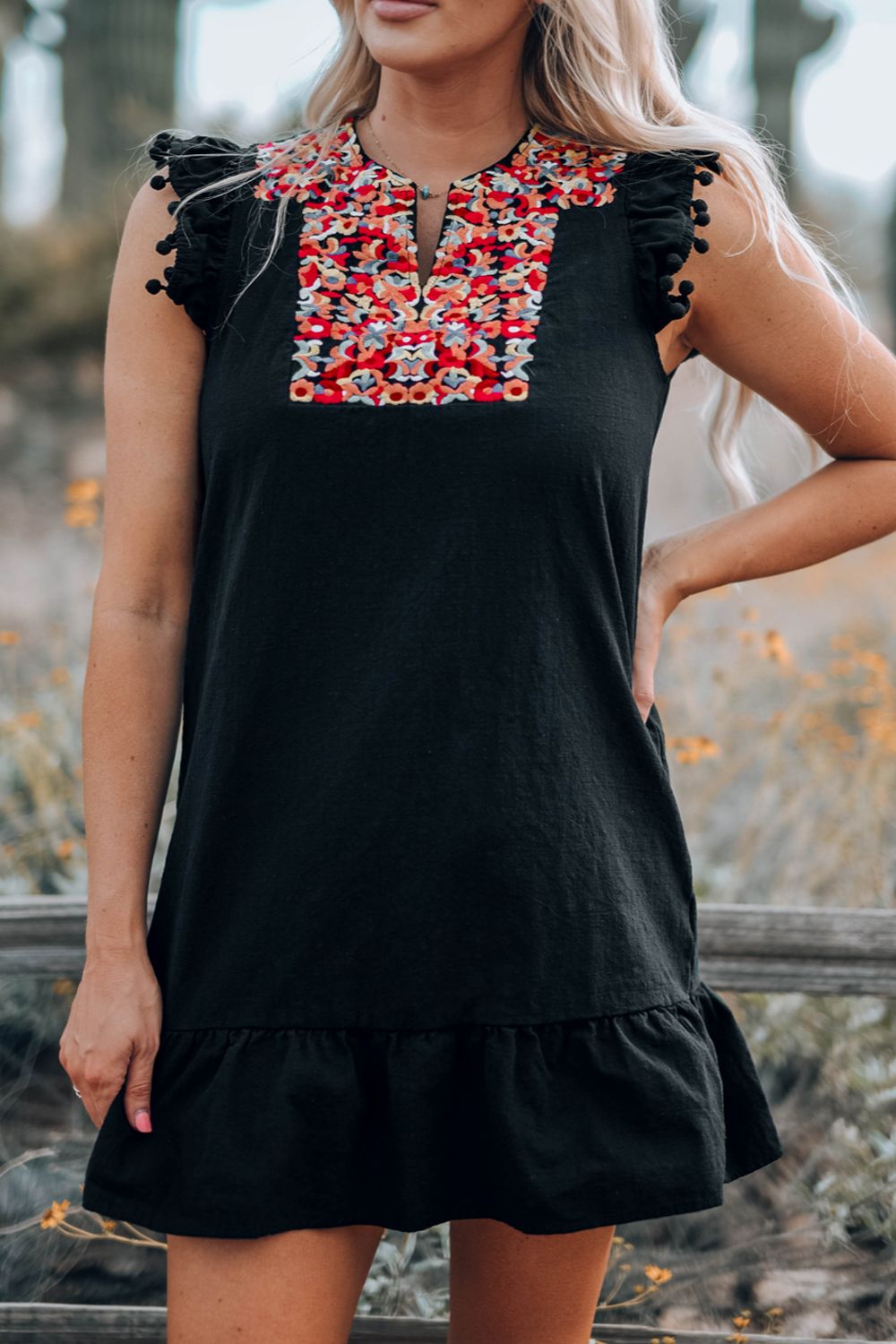 Black Boho Print Pompom Sleeve Mini Dress | Floral Detailing
