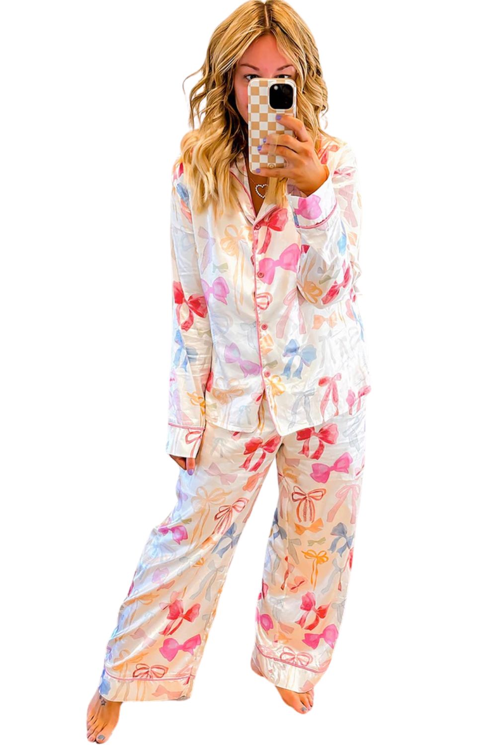 White Bow Knot Print Lapel Collar Wide Leg Satin Pajama Set