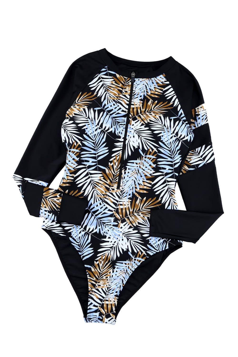 Leaves Print Long Sleeve Swimwear | Zip-Up One Piece