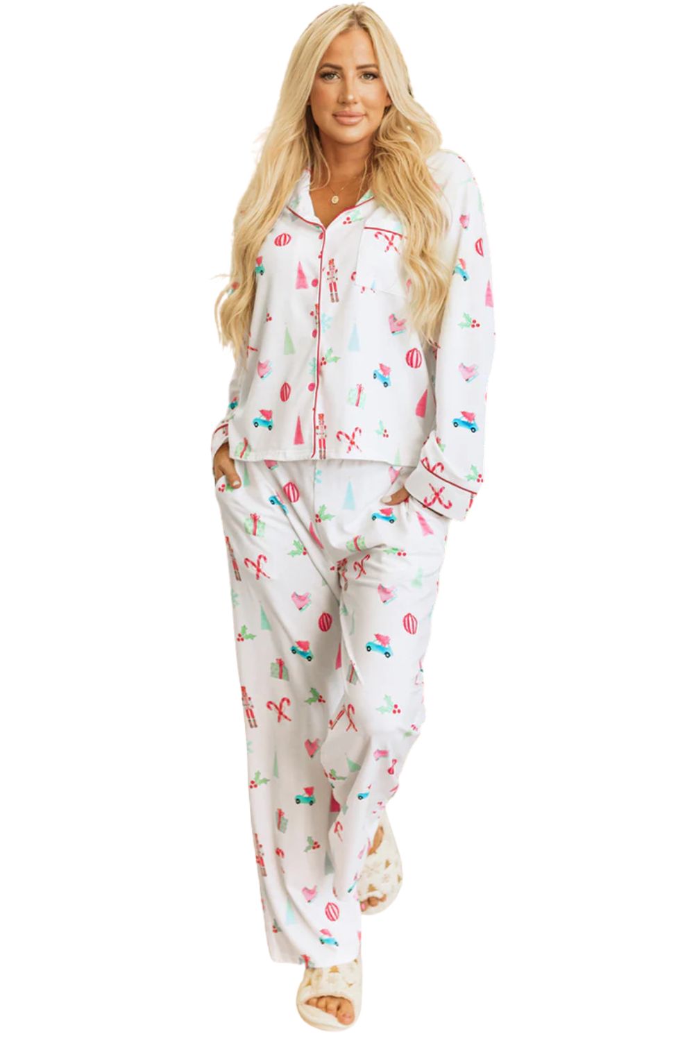 White Print Lapel Shirt and Pants Sleepwear