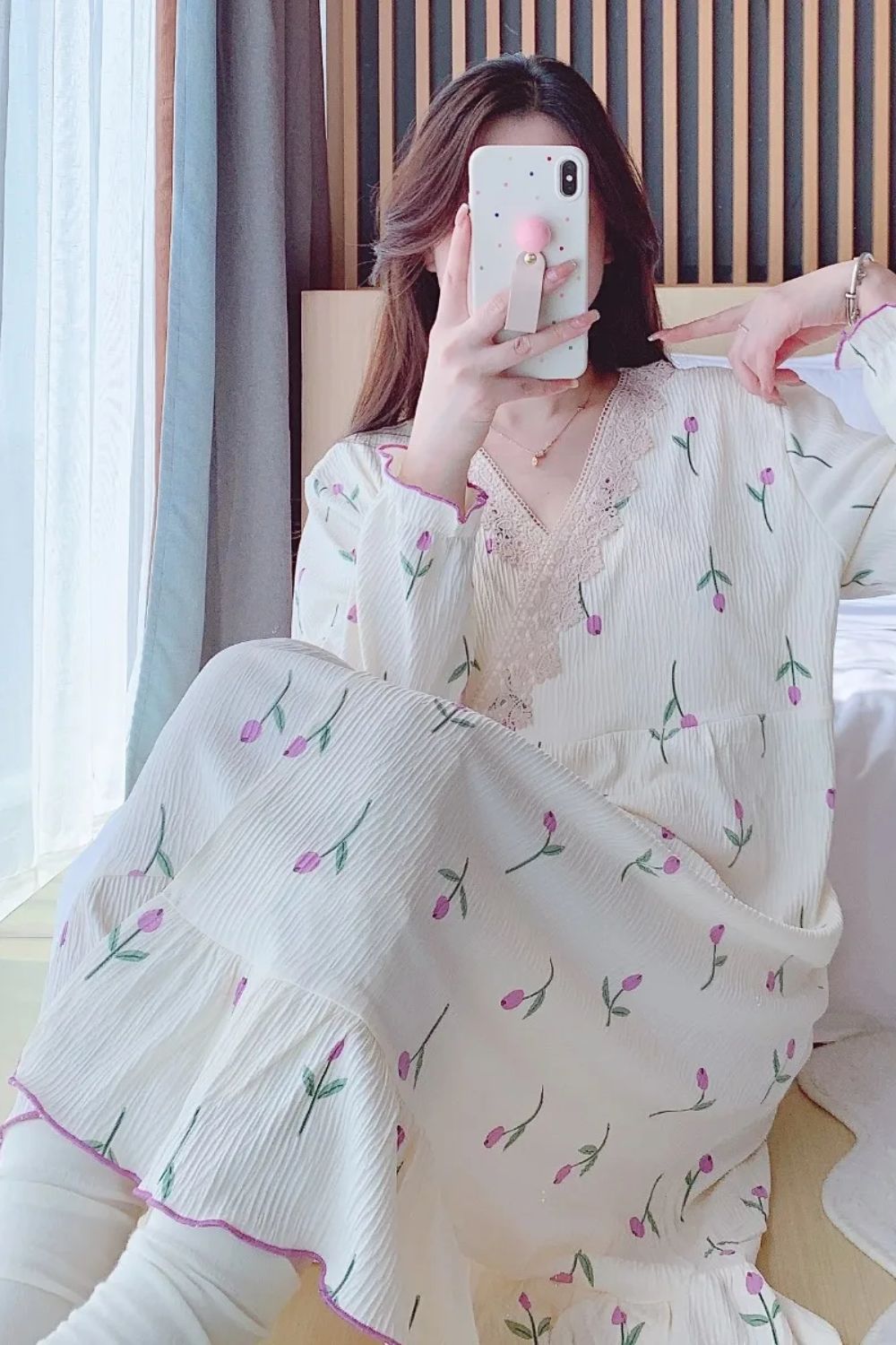 Mariella Maternity Nursing Nightgown – Lace Patchwork V Neck Sleepwear