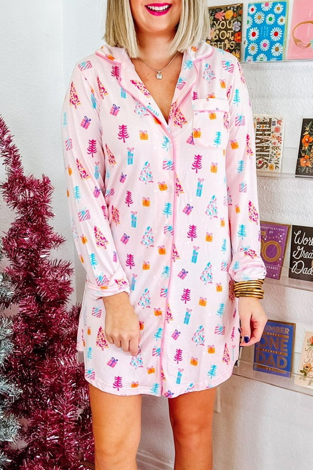 Pink Twinkle Tree Print Sleep Dress for Valentine’s – Cozy & Cute