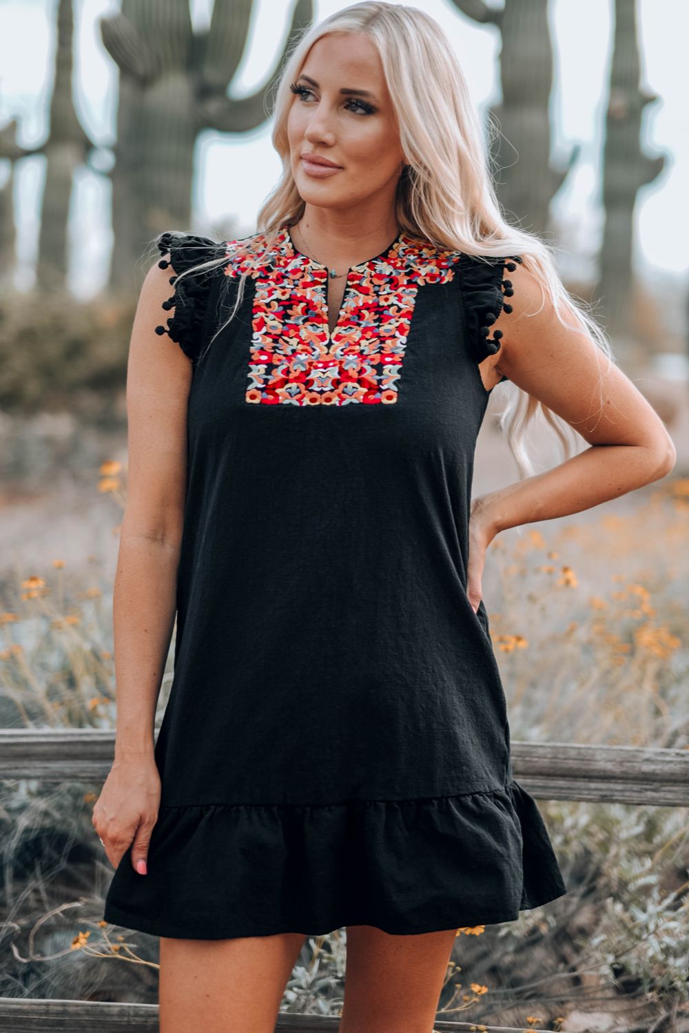 Black Boho Print Pompom Sleeve Mini Dress | Floral Detailing