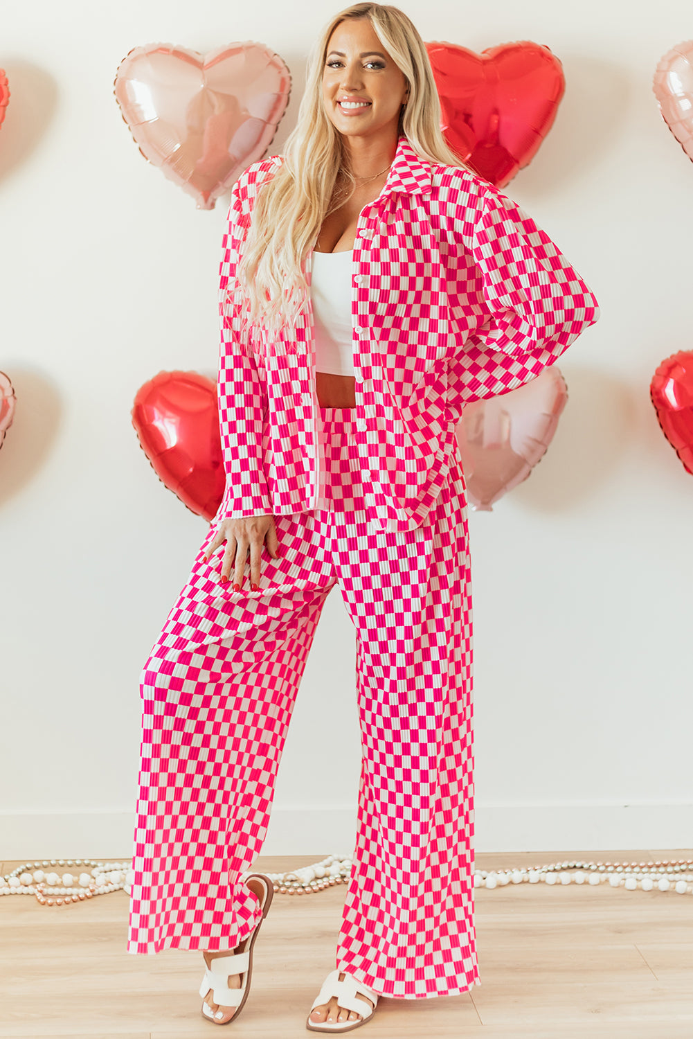 Pink Checkered Buttoned Shirt & High Waist Pants Pajama Set for Valentine’s