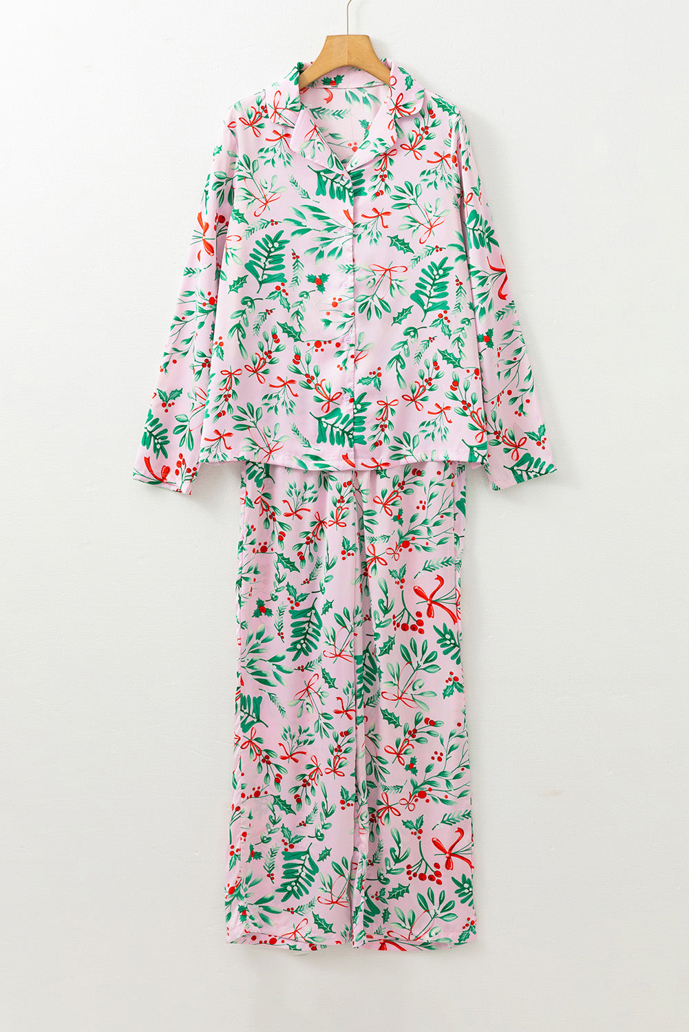 Pink Berries Plant Print Satin Long Sleeve Pajama Set