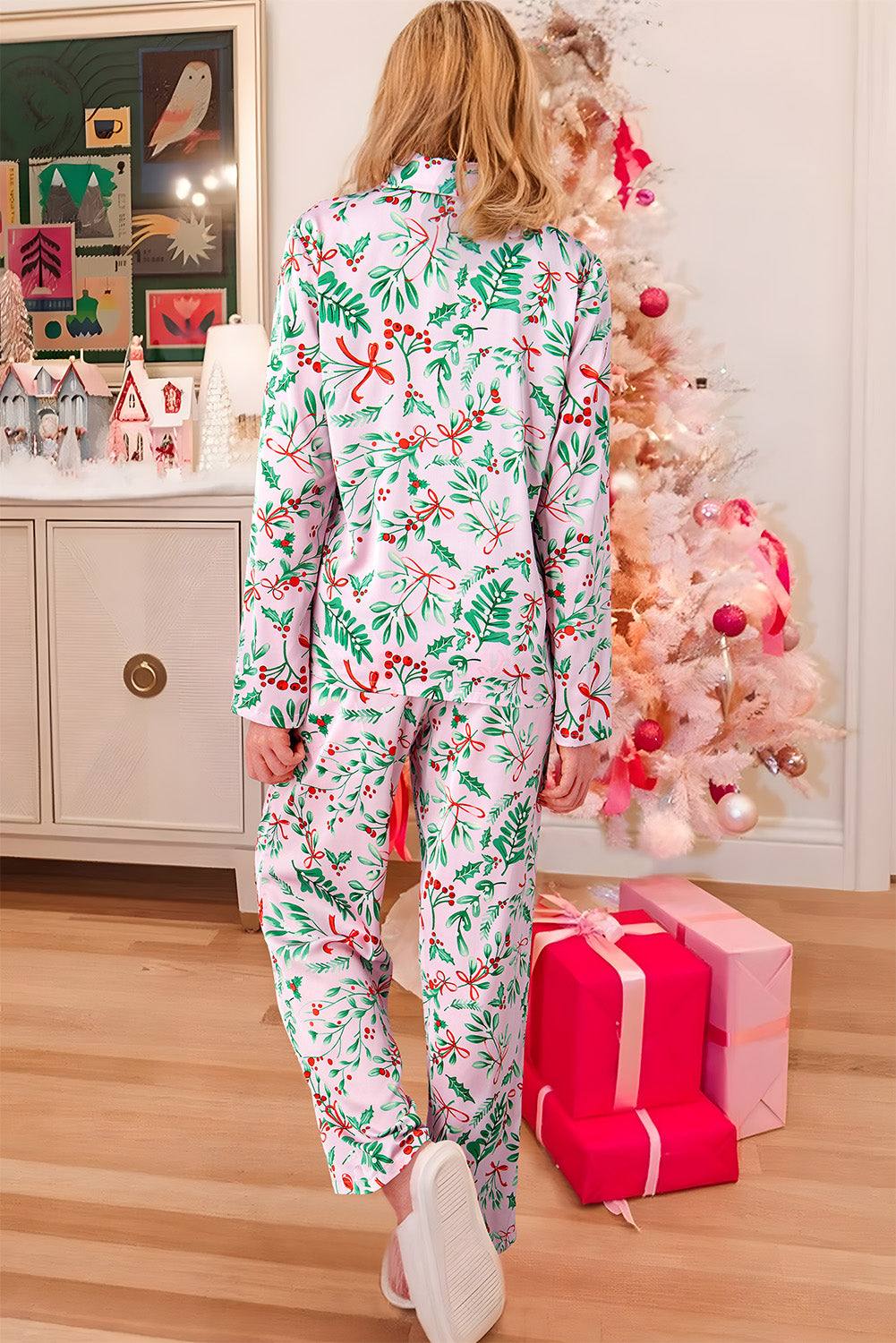 Pink Berries Plant Print Satin Long Sleeve Pajama Set