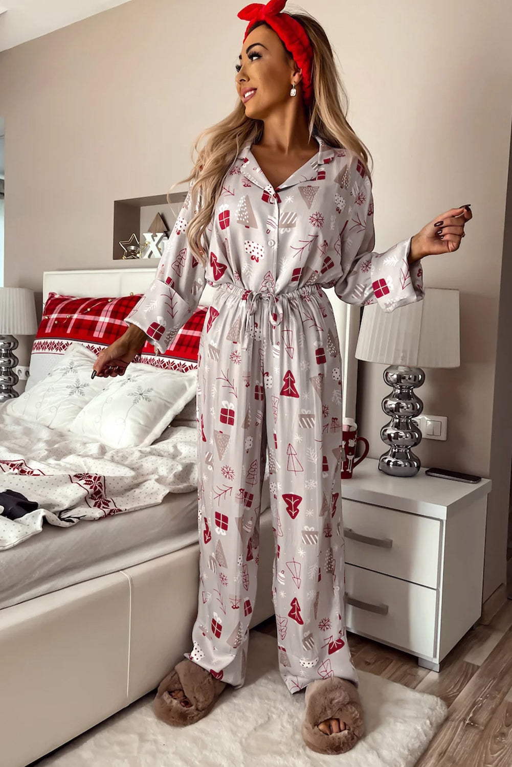 Light Grey Printed Shirt and Pants Pajama Set
