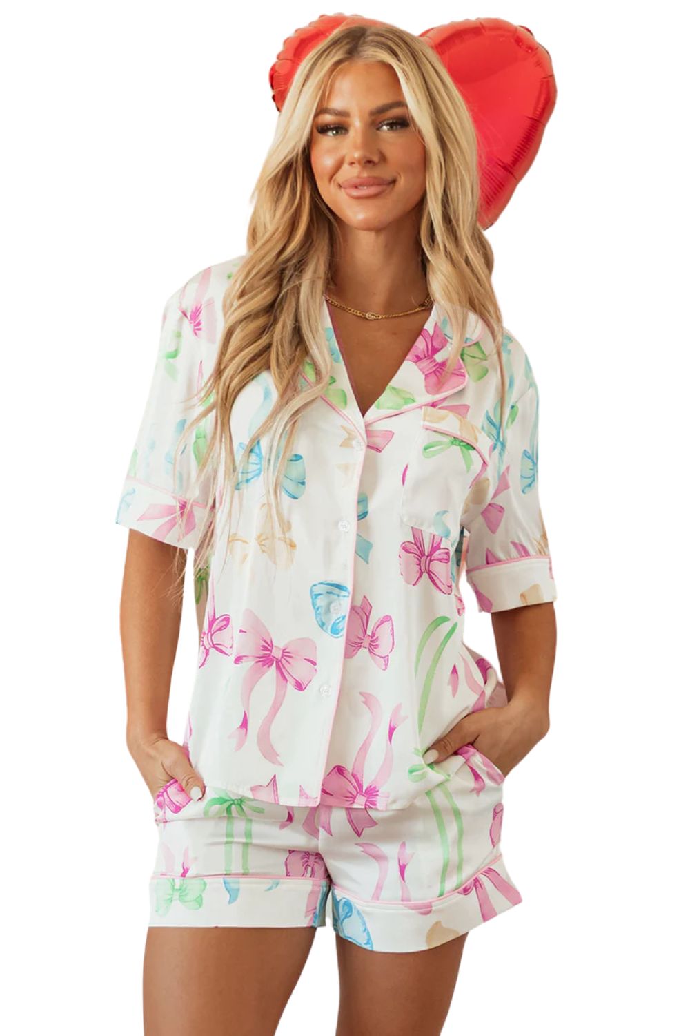 White Bowknot Print Buttoned Shirt High Waist Shorts Pajama Set