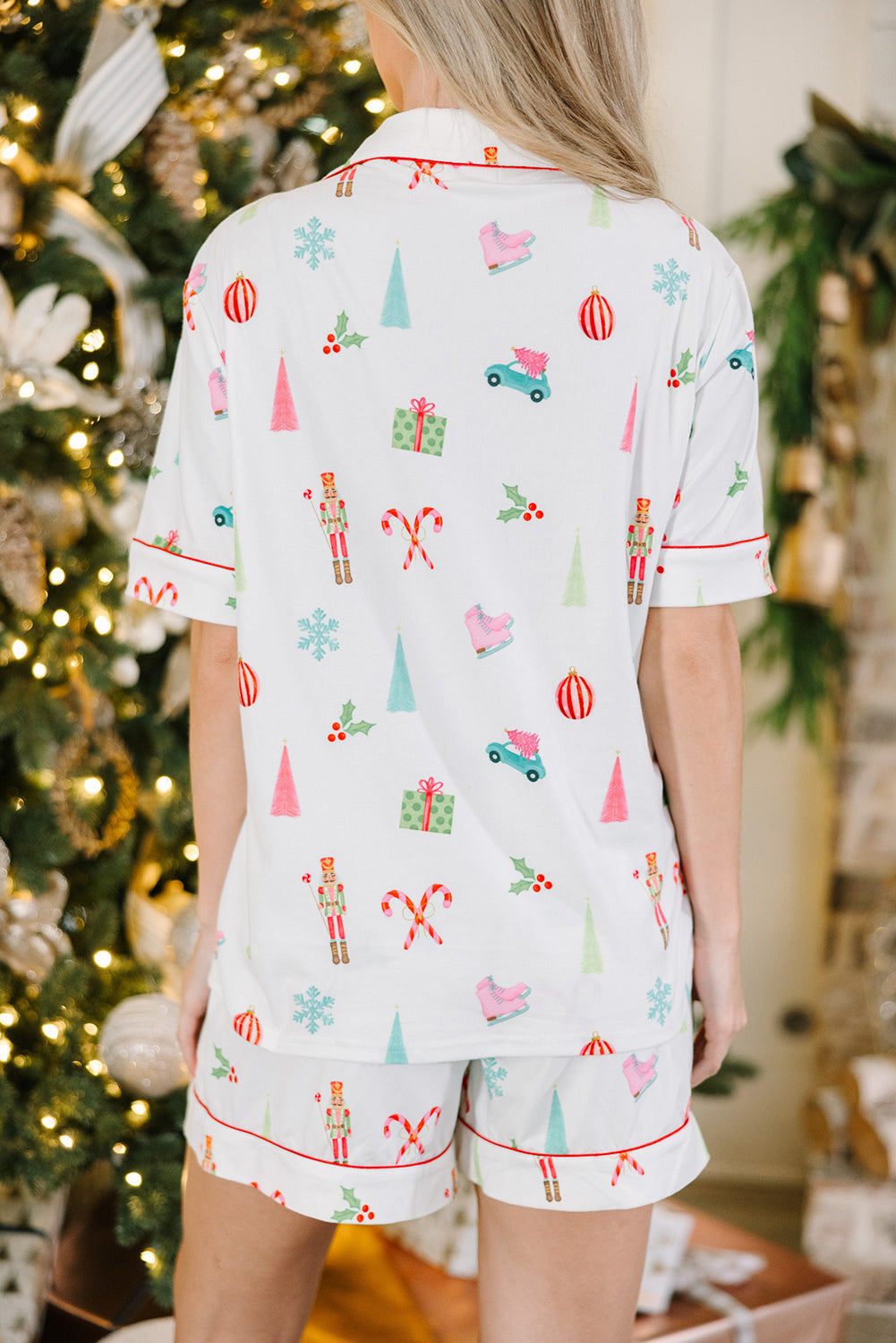 White Print Short Sleeve Shirt and Shorts Pajama Set