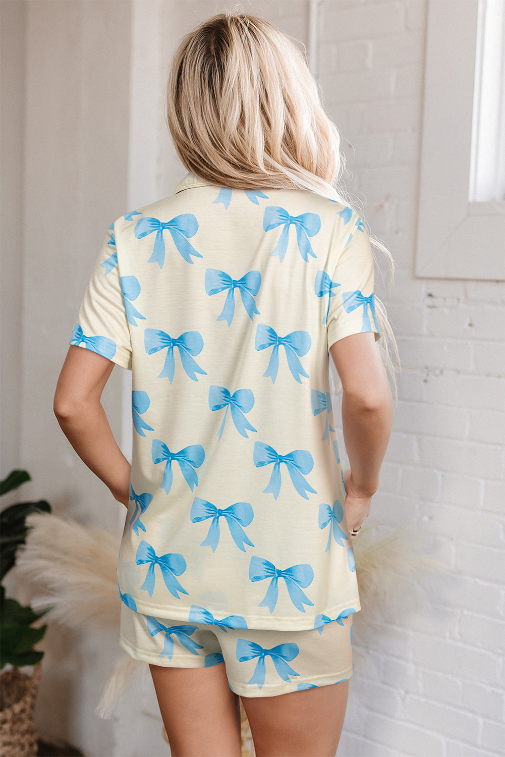Yellow Bow Print Valentine’s Pajama Set – Short Sleeve Shirt & Shorts