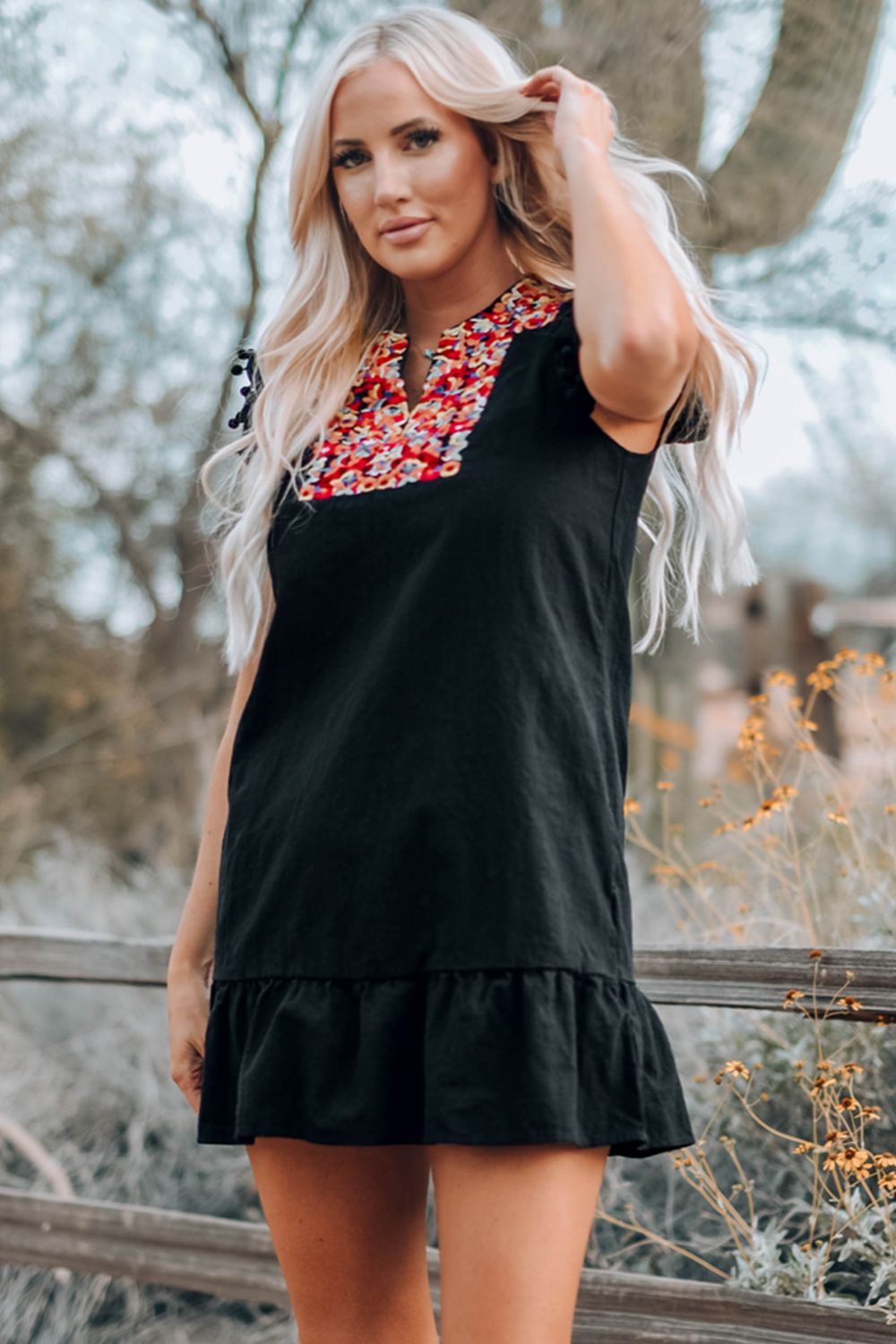 Black Boho Print Pompom Sleeve Mini Dress | Floral Detailing