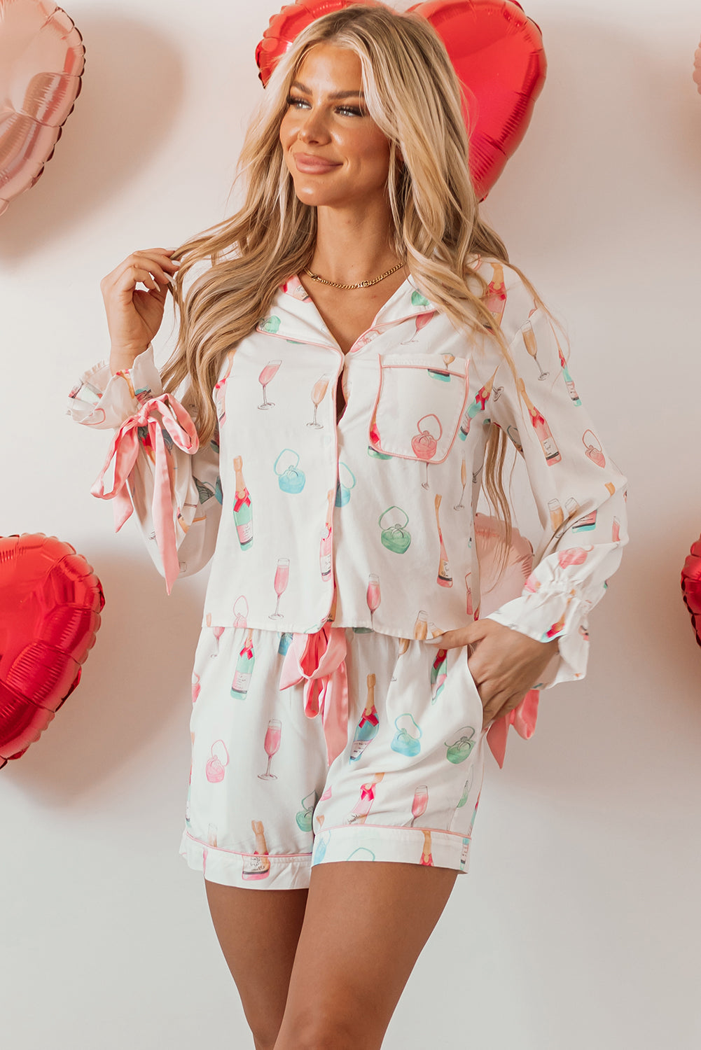 White Wine Glass Print Bow Knot Two Piece Pajama Set