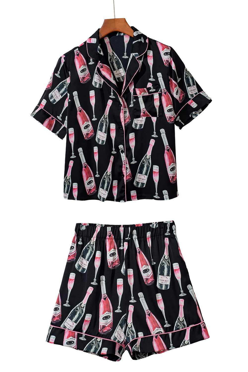 Black Champagne Print Silky Pajama Set – Short Sleeve for Valentine’s