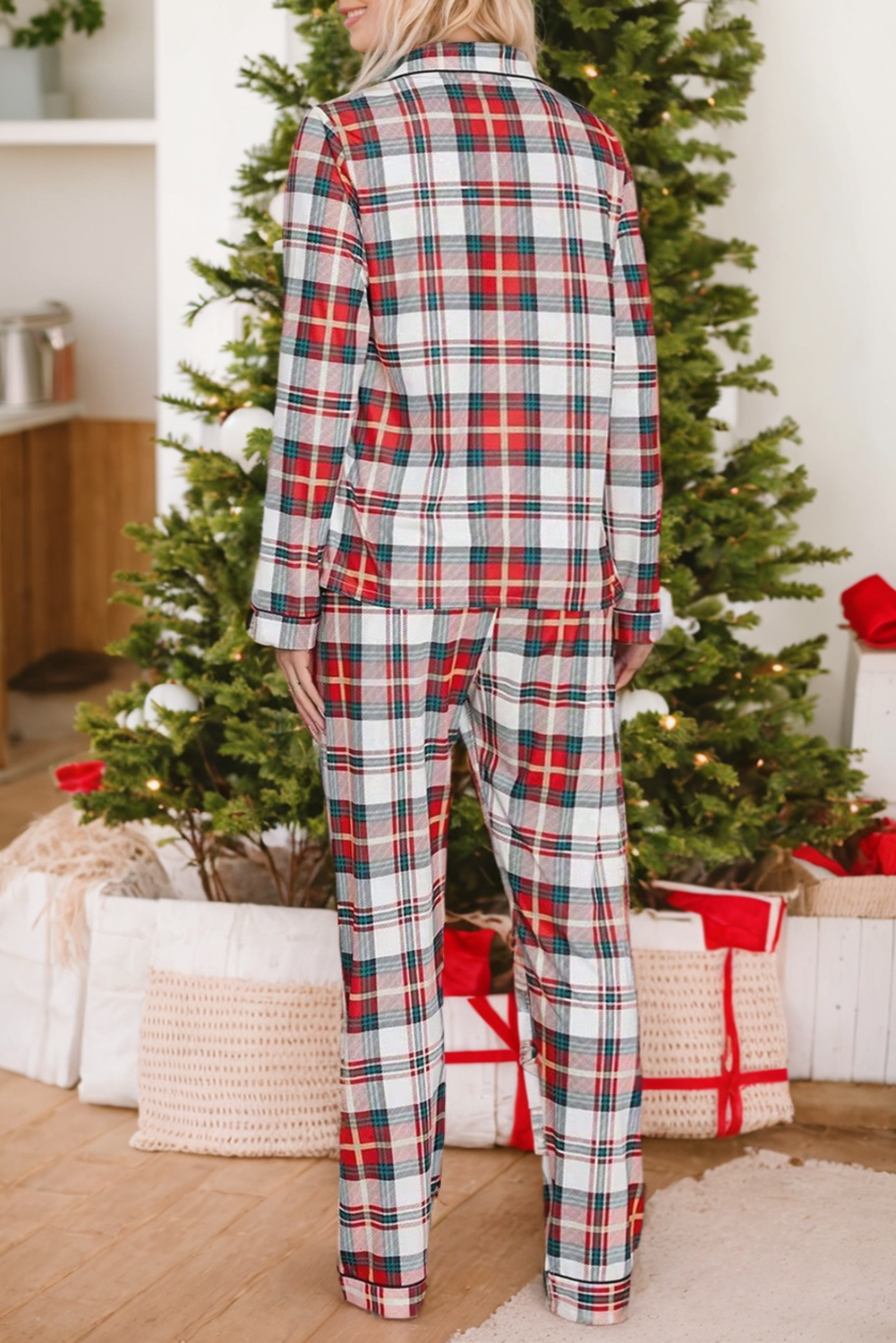 Red Plaid Print Two Piece Long Sleeve Pajamas Set