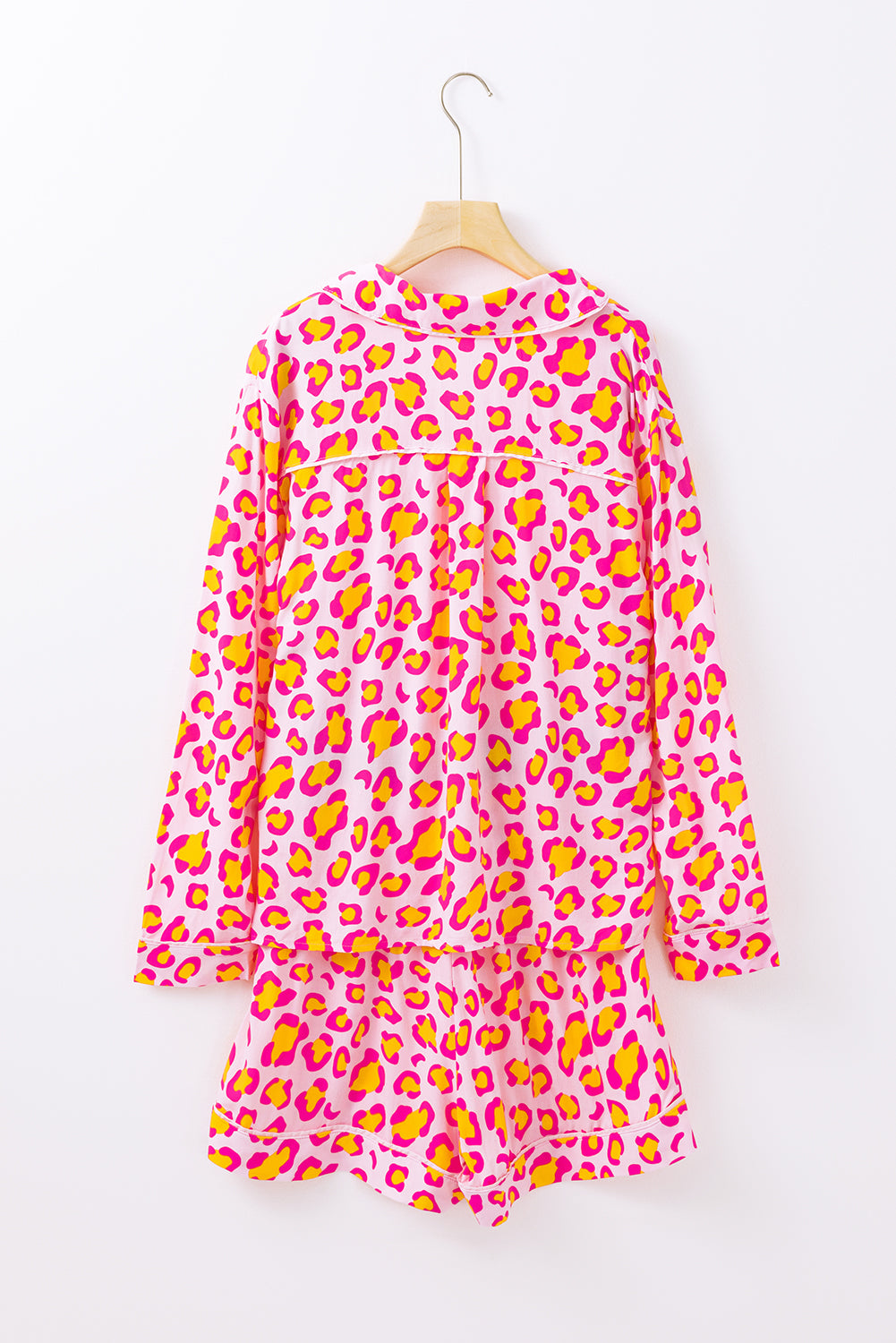 Pink Valentine’s Leopard Print Pajama Set – Long Sleeve Shirt & Shorts
