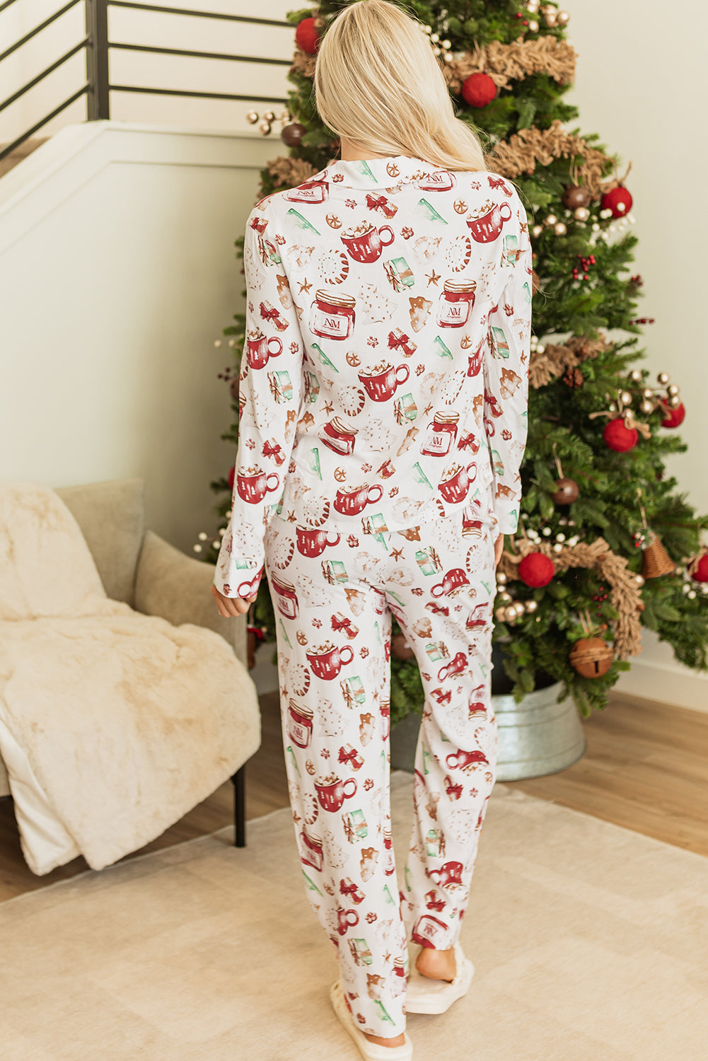 White Pattern Long Sleeve Shirt and Pants Pajama Set