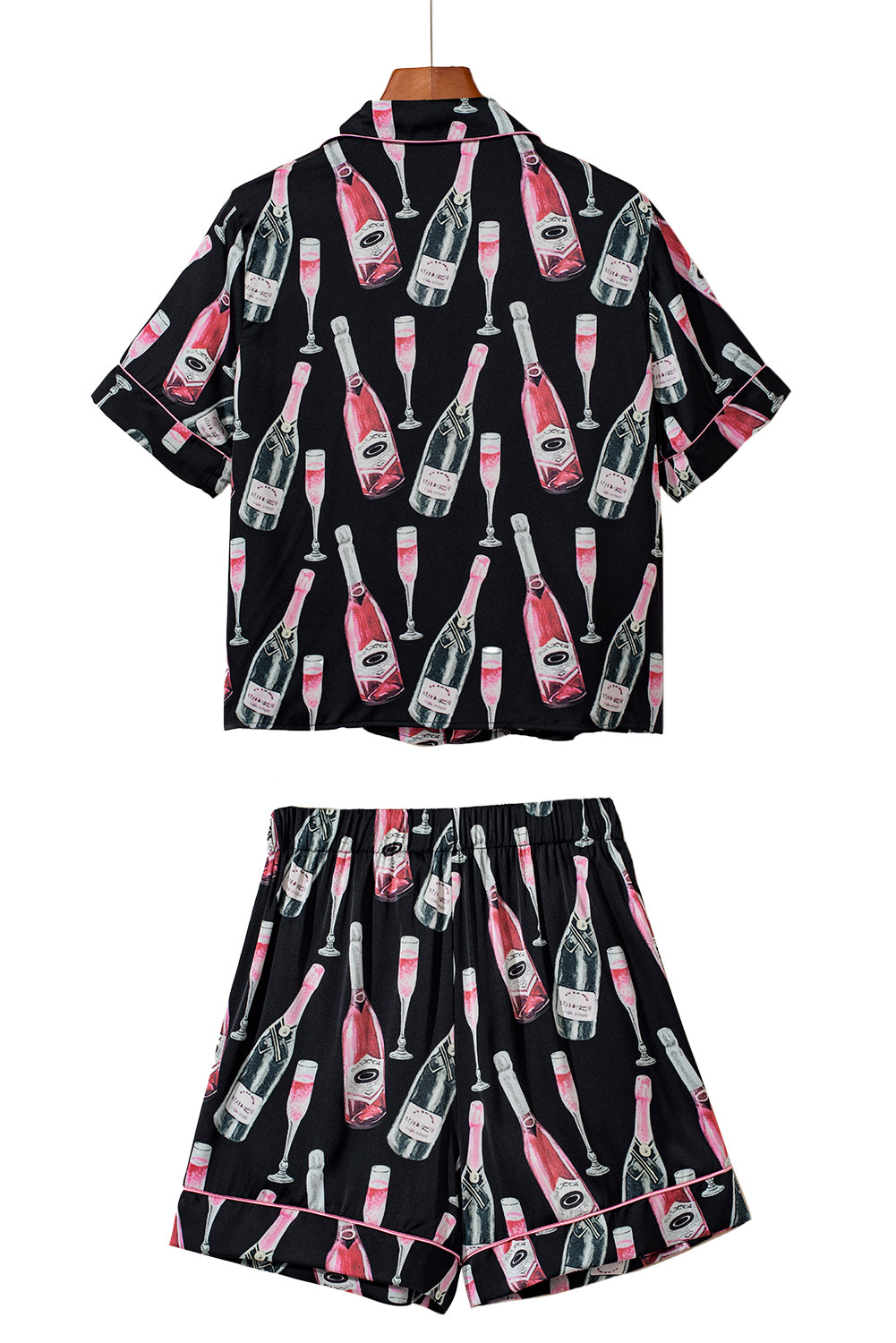 Black Champagne Print Silky Pajama Set – Short Sleeve for Valentine’s
