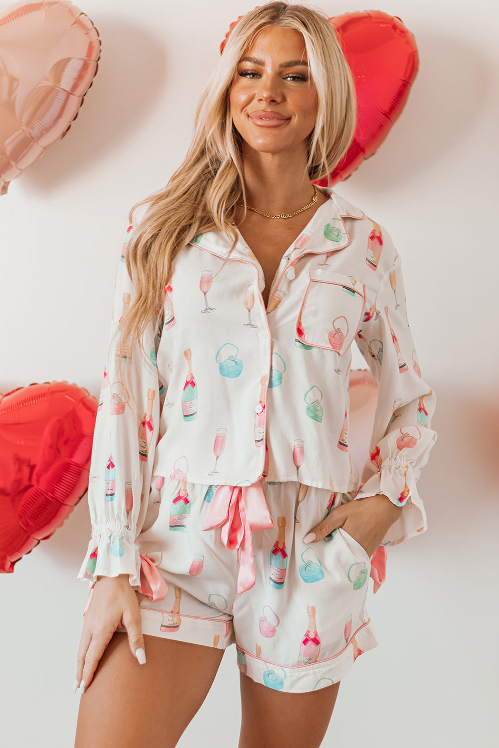 White Wine Glass Print Bow Knot Two Piece Pajama Set