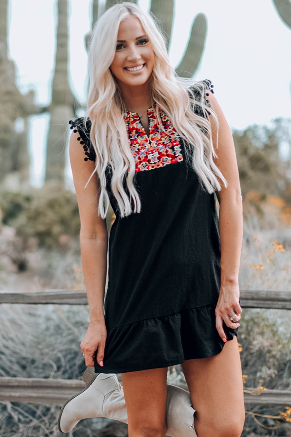 Black Boho Print Pompom Sleeve Mini Dress | Floral Detailing