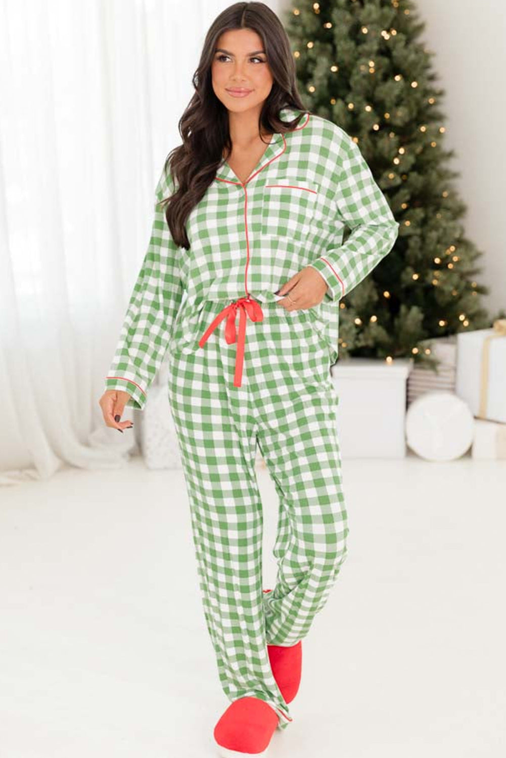 Light Green Plaid Print Shirt and Pants Pajama Set