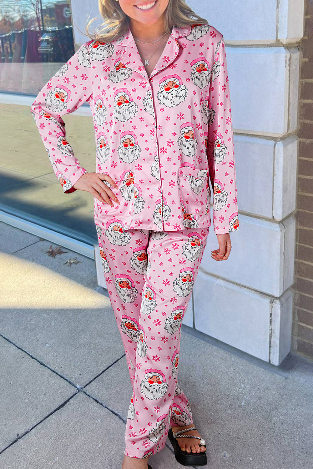 Pink Santa Claus Snowflake Long Sleeve Shirt Pajama Set