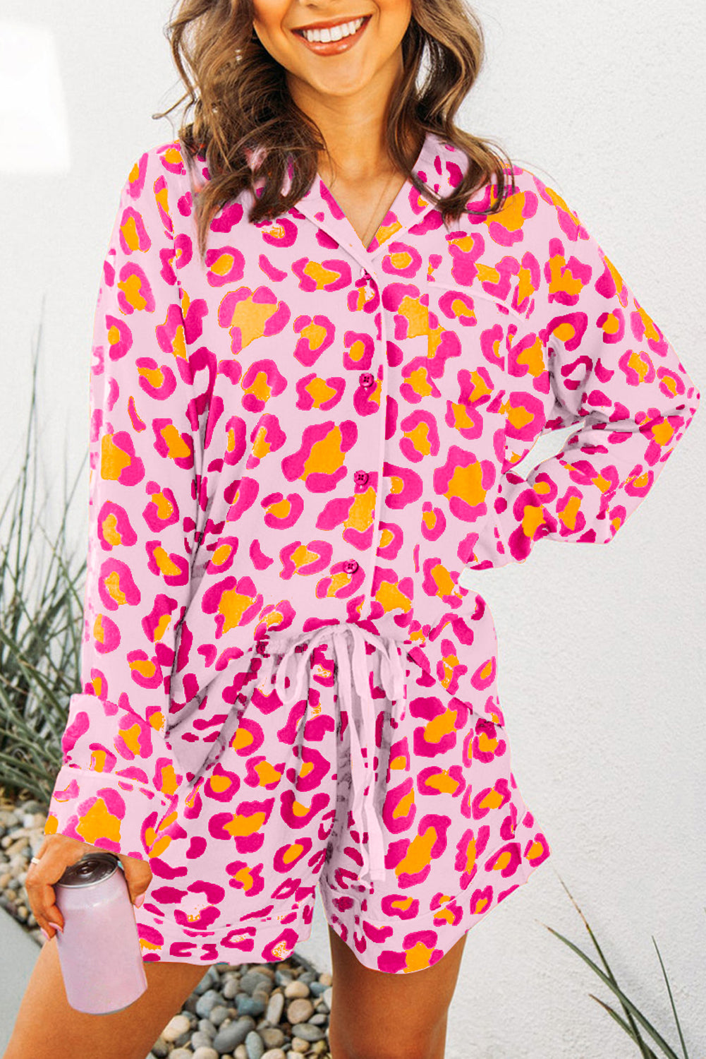 Pink Valentine’s Leopard Print Pajama Set – Long Sleeve Shirt & Shorts