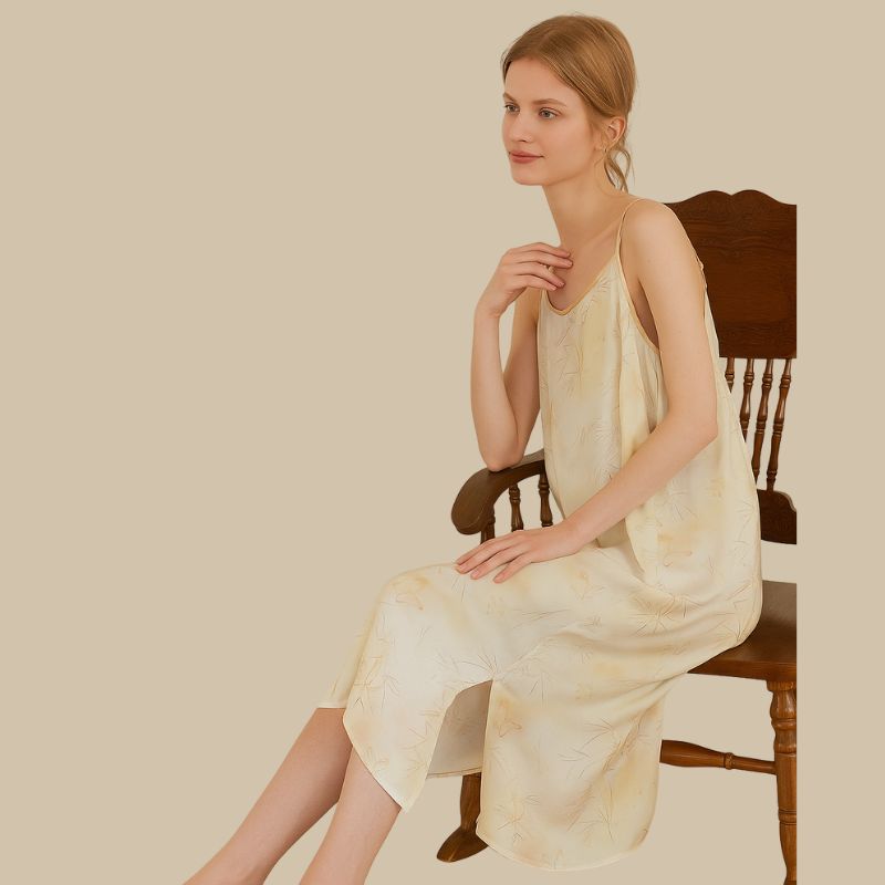 Sherrie Elegant Satin Nightgown – Bamboo Print Sleepwear