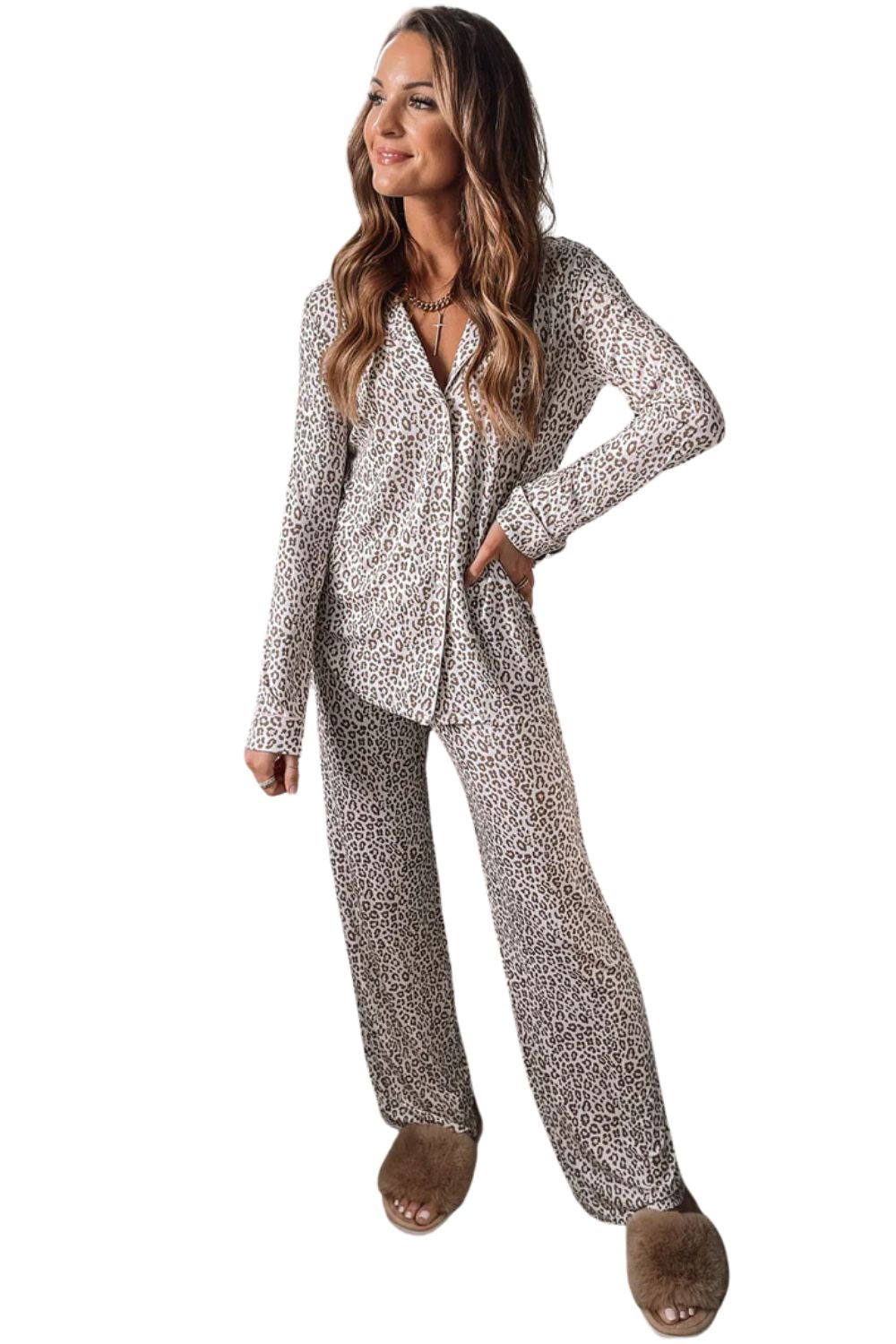 White Leopard Print Pajama Set – Long Sleeve & Pants for Valentine’s