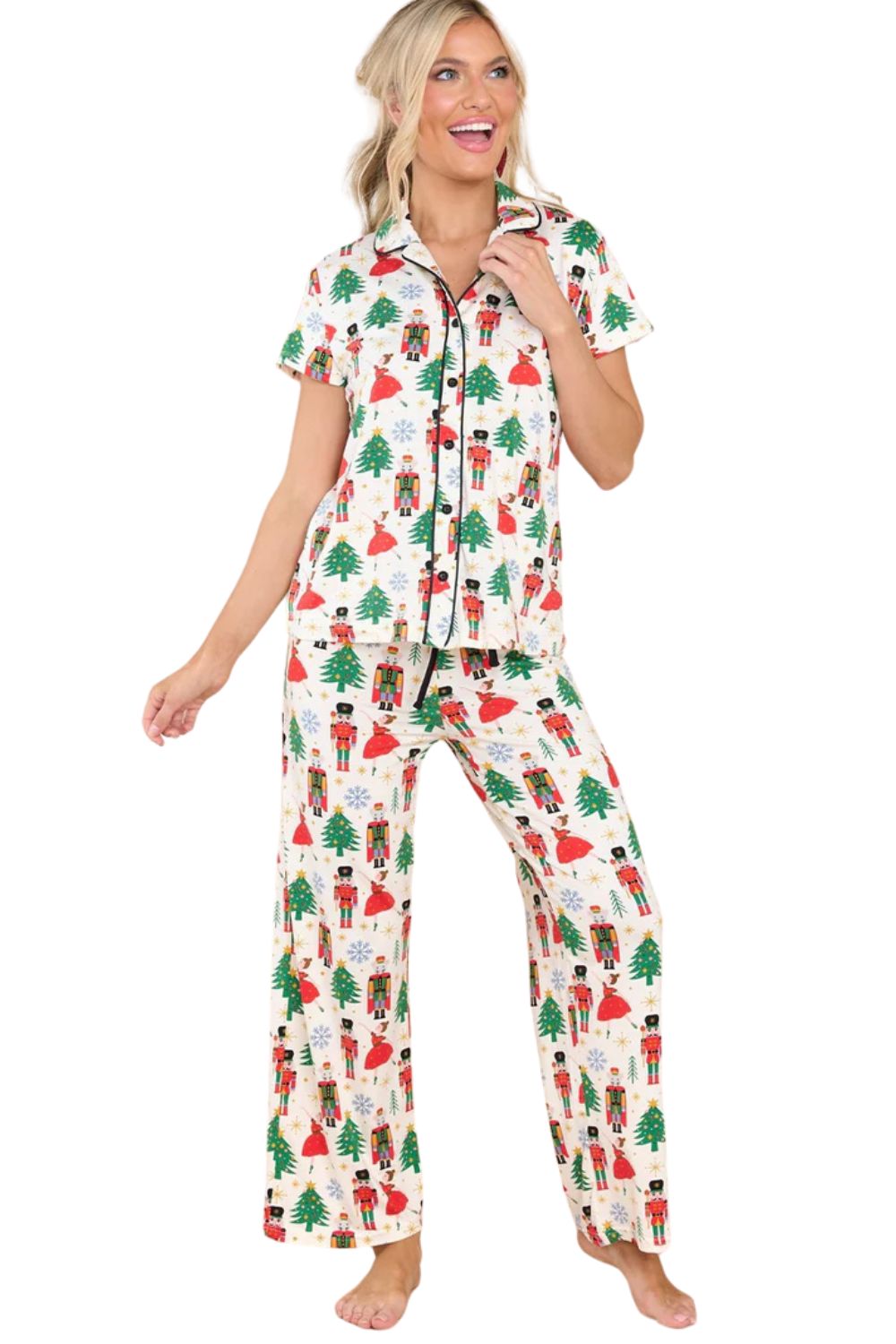 White Printed Pattern Buttoned Two Piece Sleepwear