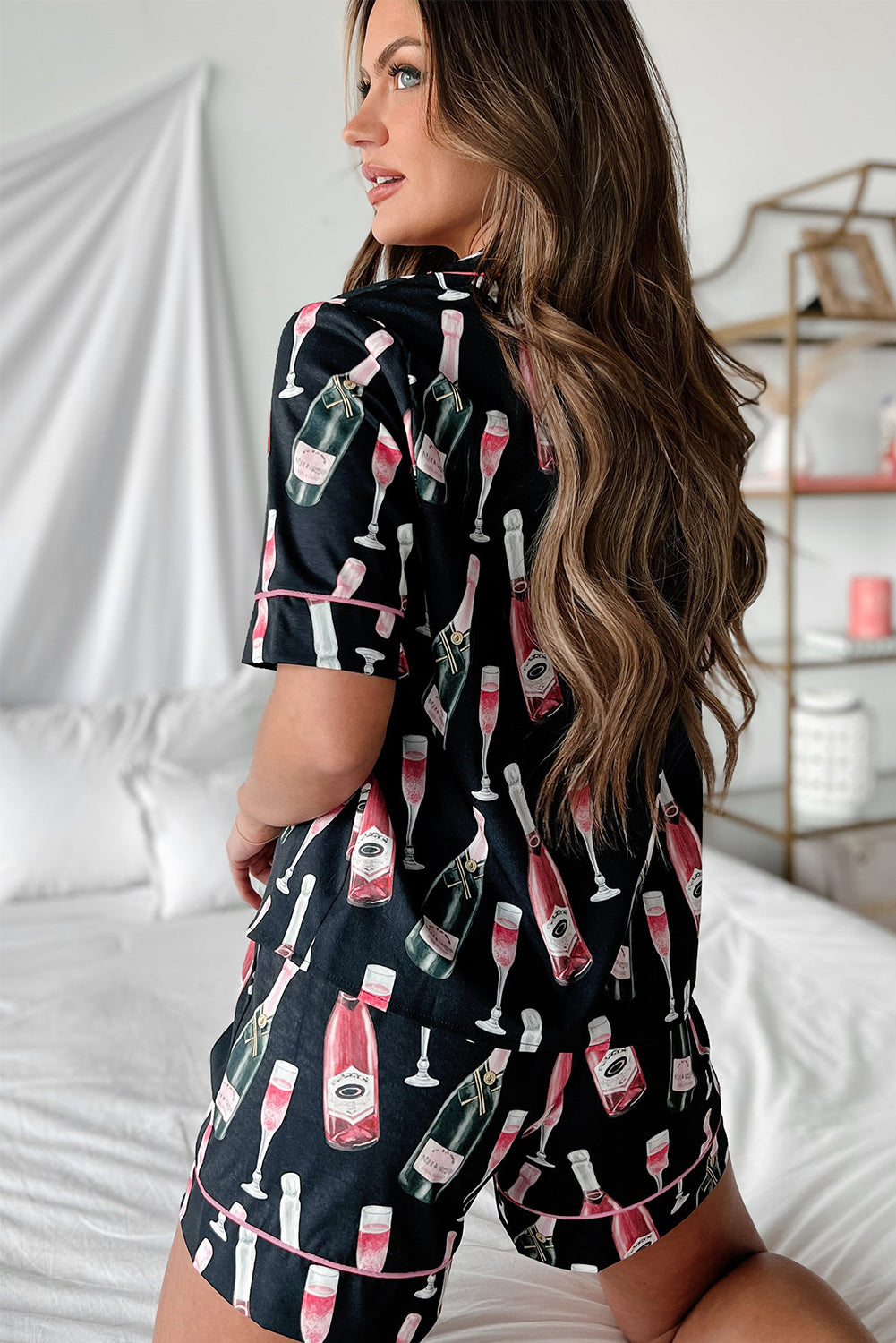 Black Champagne Print Silky Pajama Set – Short Sleeve for Valentine’s