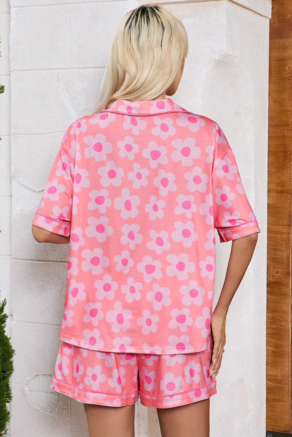 Pink Valentine’s Flower Print Pajama Set – Short Sleeve Shirt & Shorts