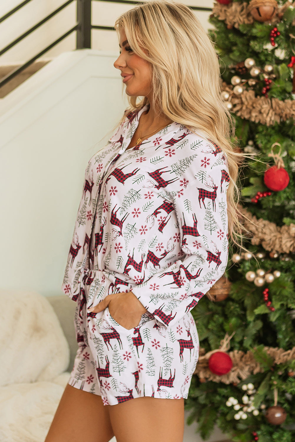 White Deer Printed Shirt and Shorts Lounge Set