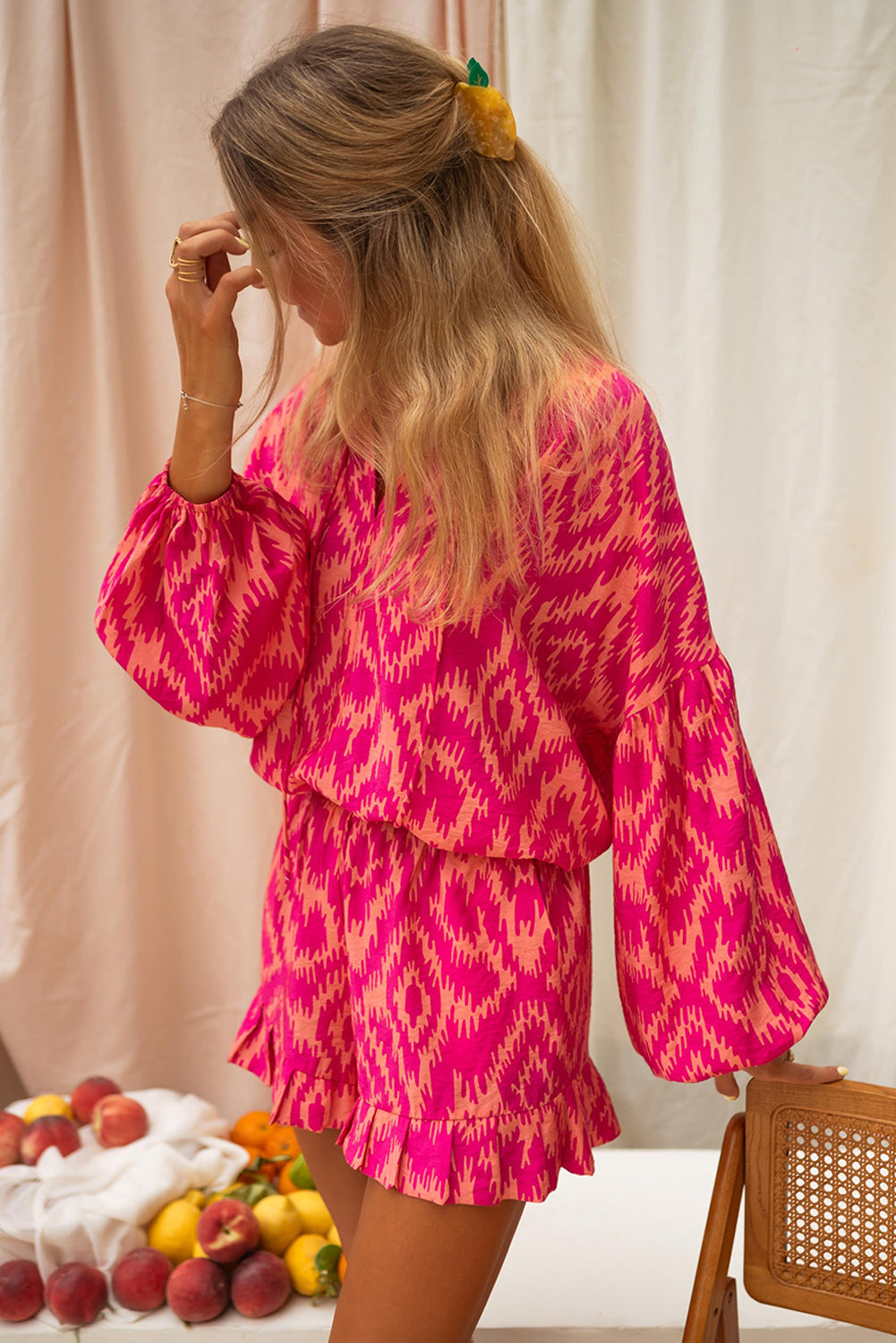 Valentine’s Rose Aztec Print Top & Ruffled Shorts Set – Stylish & Comfy